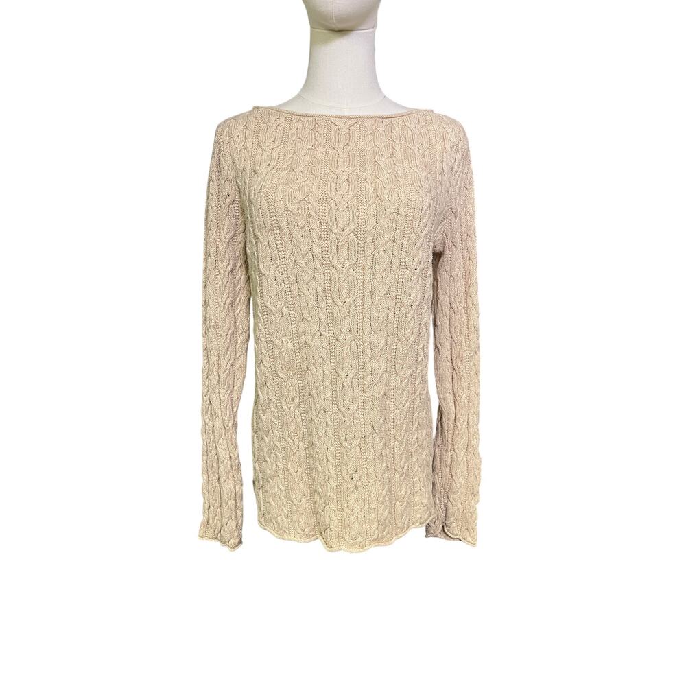Lauren Ralph Lauren Cable Knit Sweater Womens L Beige Cotton Boat Neck